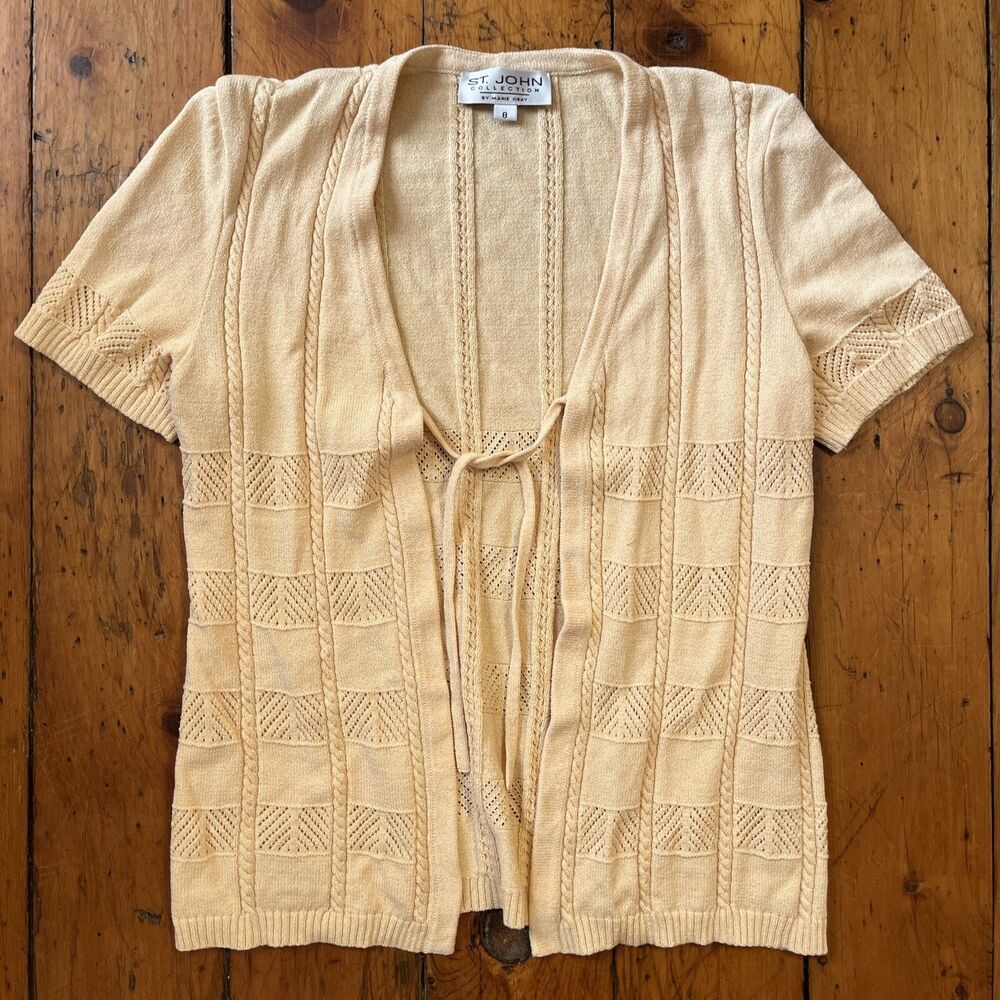 St John Collection Open Front Cardigan Sweater; Womens 8; Textured; Beige Yellow